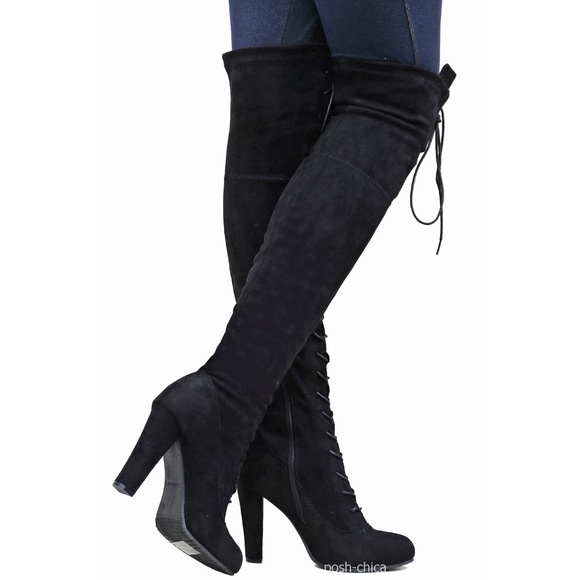 Black Stretchy Lace Up Over Knee Combat Heel Boots - Picture 5 of 6